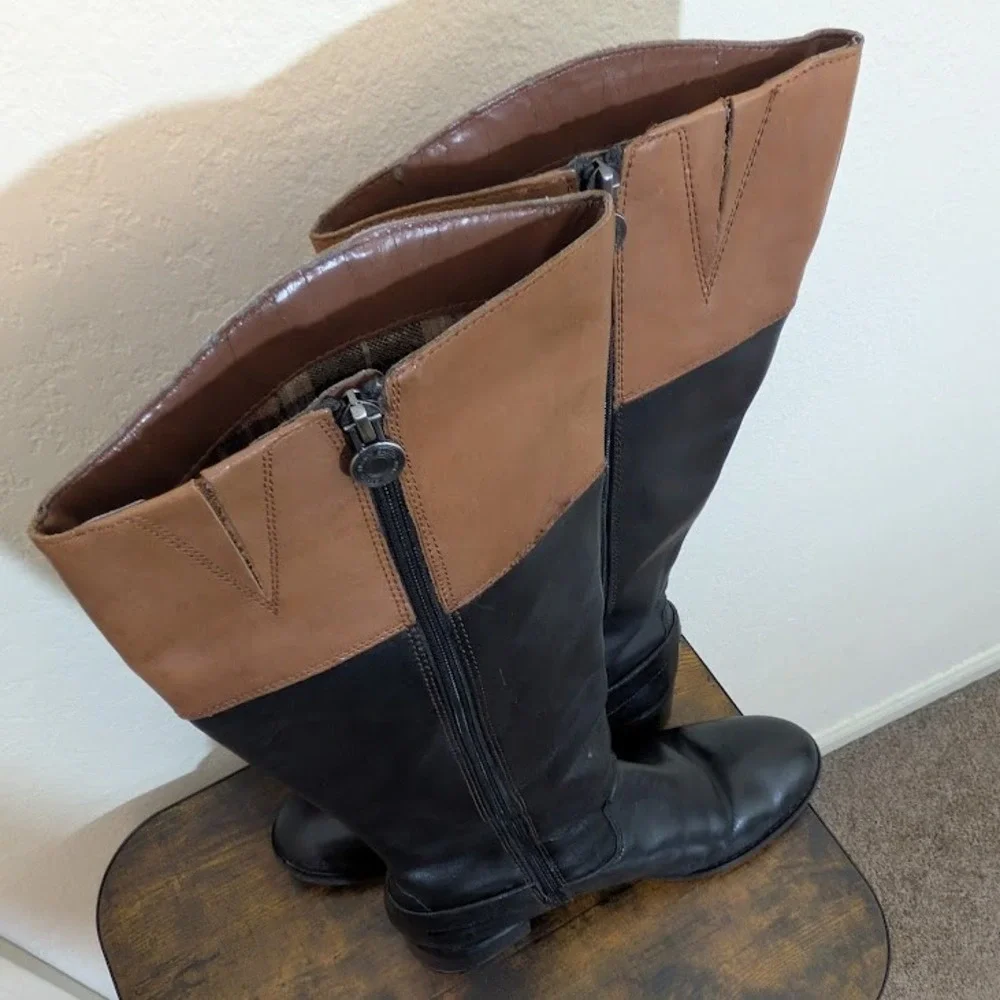 Franco Sarto Tall‎ Riding Boots Black Brown Leather Crest Detail Women US 8